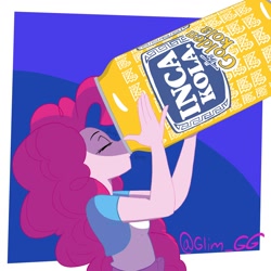 Size: 1988x1988 | Tagged: safe, artist:glim_gg, pinkie pie, human, equestria girls, g4, chugging, drinking, eyes closed, female, giant food, inca kola, soda can, solo, stuffing, this will end in the bathroom