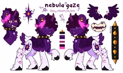 Size: 4096x2420 | Tagged: safe, artist:cocopudu, oc, oc only, oc:nebula gaze, alicorn, pony, beanbrows, cascading cutie mark, chest fluff, choker, coat markings, colored hooves, commission, commissioner:alienlosers, curved horn, ear piercing, earring, eyebrows, eyebrows visible through hair, facial hair, facial markings, fangs, fetlock tuft, folded wings, freckles, glowing mane, goatee, gradient horn, hair over eyes, hooves, horn, jewelry, leg scar, mixed pronouns, nonbinary, piercing, pronouns, raised hoof, reference sheet, round ears, simple background, socks (coat markings), spiked choker, standing, star (coat marking), unshorn fetlocks, white background, white pupils, wing scar, wings