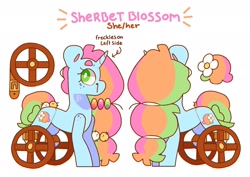 Size: 2048x1449 | Tagged: safe, artist:cocopudu, oc, oc only, oc:sherbet blossom, pony, unicorn, amputee, beanbrows, colored pinnae, disabled, eyebrows, female, freckles, mare, no catchlights, pronouns, prosthetics, reference sheet, round ears, shoulder freckles, simple background, standing, tail, tail bun, wheelchair, white background, white pupils