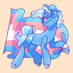 Size: 2040x2048 | Tagged: safe, artist:cocopudu, trixie, pony, unicorn, g4, cloven hooves, high res, one eye closed, orange background, pride, pride flag, simple background, solo, trans trixie, transgender, transgender pride flag, white pupils, wink