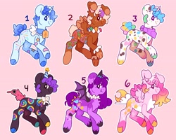 Size: 4096x3273 | Tagged: safe, artist:cocopudu, oc, oc only, bat pony, earth pony, pegasus, pony, unicorn, adoptable, cloven hooves, pink background, simple background