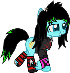 Size: 1115x1157 | Tagged: safe, artist:lightningbolt, derpibooru exclusive, oc, oc only, oc:scene chick, earth pony, pony, undead, zombie, zombie pony, g4, .svg available, arm warmers, bags under eyes, bloodshot eyes, bone, clothes, colored pupils, dyed mane, dyed tail, ear piercing, earring, fangs, female, glasgow smile, grin, jewelry, lidded eyes, lip piercing, mare, necklace, nose piercing, piercing, scar, show accurate, simple background, smiling, snake bites, socks, solo, stitches, striped socks, svg, tail, torn clothes, torn ear, transparent background, vector, walking