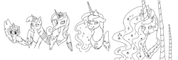 Size: 3012x1008 | Tagged: safe, artist:delfinaluther, princess cadance, princess celestia, princess flurry heart, princess luna, twilight sparkle, oc, alicorn, earth pony, pony, g4, doodle, female, horn, horns, impossibly large horn, long horn, mare, meme, sketch, solo, twilight sparkle (alicorn)