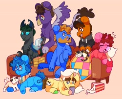 Size: 4096x3331 | Tagged: safe, artist:cocopudu, oc, oc only, cat, changeling, dog, earth pony, griffon, pony, unicorn, couch, food, group, popcorn