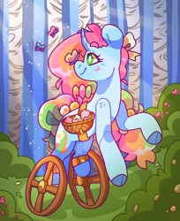 Size: 1672x2048 | Tagged: safe, artist:cocopudu, oc, oc only, oc:sherbet, butterfly, pony, unicorn, amputee, basket, cloven hooves, forest, horn, solo, unicorn oc, wheelchair