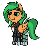 Size: 144x164 | Tagged: safe, artist:gray star, part of a set, oc, oc:atom smasher, cyborg, cyborg pony, pegasus, pony, the sunjackers, chest fluff, clothes, cybernetic legs, cyberpunk, female, goggles, goggles on head, gray's tiny pony set, jacket, mare, simple background, transparent background