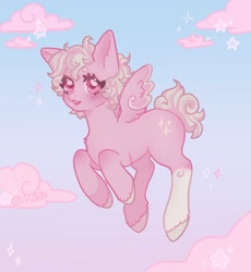 Size: 3000x3255 | Tagged: safe, artist:pu83s, oc, oc only, unnamed oc, pegasus, pony, colored wings, cute, female oc, gradient background, high res, looking at you, mare oc, ocbetes, pegasus oc, pink cloud, pink coat, pink eyes, pink fur, pink hair, pink mane, pink pony, pink tail, pink wings, signature, sparkles, sweet dreams fuel, tail, thick eyelashes, two toned hair, two toned mane, two toned tail, two toned wings, unshorn fetlocks, wings