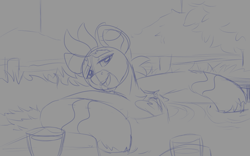 Size: 903x564 | Tagged: safe, artist:brainiac, oc, oc:rio grande, pony, alcohol, brainiacs sketchbook (set), fire fighter, hot springs, inviting you, male, relaxing, solo, stallion, whiskey