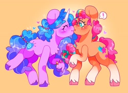 Size: 4096x2999 | Tagged: safe, artist:cocopudu, izzy moonbow, sunny starscout, earth pony, pony, unicorn, g5, cloven hooves, duo, female, gradient background, kissing, lesbian, mane stripe sunny, ship:moonscout, shipping, simple background, yellow background