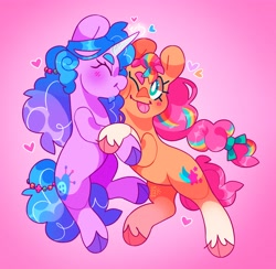 Size: 3000x2924 | Tagged: safe, artist:cocopudu, izzy moonbow, sunny starscout, earth pony, pegasus, pony, g5, ;p, cloven hooves, duo, female, gradient background, high res, lesbian, mane stripe sunny, one eye closed, pink background, ship:moonscout, shipping, tongue out