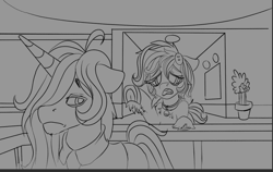 Size: 914x578 | Tagged: safe, artist:brainiac, oc, oc:knick knack, oc:whiskey lullaby, cat, cat pony, original species, pony, unicorn, brainiacs sketchbook (set), crying, female, male, mare, scene interpretation, stallion