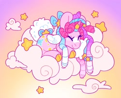 Size: 3000x2437 | Tagged: safe, artist:cocopudu, oc, oc only, oc:wishful dreaming, alicorn, original species, plush pony, pony, cloud, cloven hooves, dreadlocks, eyes closed, female, high res, lying down, mare, on a cloud, pillow, plushie, prone, sleeping, sleeping on a cloud, smiling, solo, stars