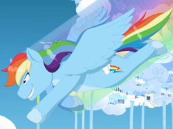 Size: 2048x1535 | Tagged: safe, artist:plusushii, rainbow dash, pegasus, pony, g4, 2013, cloudsdale, flying, solo