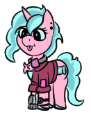 Size: 131x166 | Tagged: safe, artist:gray star, part of a set, oc, oc:candy chip, cyborg, pony, unicorn, the sunjackers, amputee, chest fluff, clothes, cyberpunk, female, goggles, goggles on head, gray's tiny pony set, jacket, mare, prosthetic limb, prosthetics, simple background, transparent background