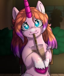 Size: 1017x1200 | Tagged: safe, artist:rcdesenhista, oc, oc only, pony, unicorn, bubble tea, drinking, female, horn, solo, unicorn oc