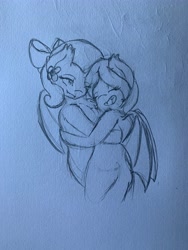 Size: 3024x4032 | Tagged: safe, artist:cloudnova-art, oc, oc:mapleshine, oc:molly d, bat pony, hug, sketch, traditional art