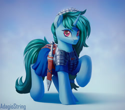 Size: 3500x3100 | Tagged: safe, artist:adagiostring, oc, oc only, pony, unicorn, commission, female, gladius, high res, horn, solo, sword, unicorn oc, weapon