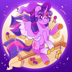 Size: 3000x3000 | Tagged: safe, artist:cocopudu, twilight sparkle, alicorn, pony, g4, broom, candy, cloven hooves, flying, flying broomstick, food, hat, high res, lantern, moon, solo, spread wings, stars, twilight sparkle (alicorn), waving, wings, witch hat