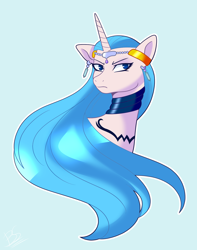 Size: 1628x2070 | Tagged: safe, artist:brooklynsentryyt, oc, oc only, oc:aquarius, pony, unicorn, series:friendship is forever, aquarius, bust, choker, ear piercing, earring, fairy tail, frown, headpiece, jewelry, looking sideways, piercing, simple background, solo, tiara, zodiac