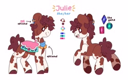 Size: 4096x2570 | Tagged: safe, artist:cocopudu, oc, oc only, oc:julie, earth pony, pony, beanbrows, cloven hooves, coat markings, color palette, colored hooves, commission, ear piercing, earring, earth pony oc, eyebrows, eyebrows visible through hair, female, gem, hooves, jewelry, looking at you, looking back, looking back at you, mare, open mouth, open smile, piercing, pinto, pronouns, reference sheet, saddle blanket, simple background, smiling, standing, underhoof, white background