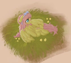 Size: 1341x1178 | Tagged: safe, artist:plushplague, fluttershy, pegasus, pony, g4, alternate hairstyle, bow, female, floppy ears, flower, grass, hair bow, hooves to the chest, looking away, looking up, lying down, no pupils, partial background, partially open wings, solo, turned head, wings