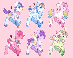 Size: 4096x3273 | Tagged: safe, artist:cocopudu, oc, oc only, earth pony, pegasus, pony, unicorn, adoptable, cloven hooves, pink background, simple background