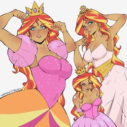 Size: 1080x1080 | Tagged: safe, artist:novantiquex, sunset shimmer, human, equestria girls, g4, clothes, dress, female, humanized, scene interpretation, simple background, solo, tan skin, white background