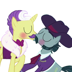 Size: 1000x1000 | Tagged: safe, dandy grandeur, turner mccolt, earth pony, pony, unicorn, g4, blushing, clothes, couple, duo, eyebrows, eyes closed, facial hair, gay, hat, kiss on the lips, kissing, male, mccolt family, moustache, shipping, stallion, turnergrandeur