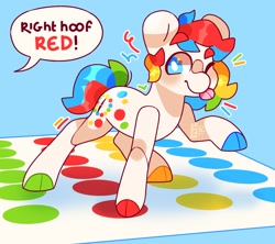 Size: 2628x2334 | Tagged: safe, artist:cocopudu, right hoof red, earth pony, pony, g1, :p, blue background, cloven hooves, high res, simple background, tongue out, twister