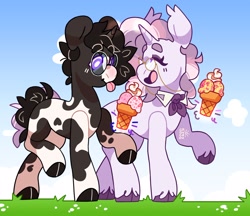 Size: 2740x2367 | Tagged: safe, artist:cocopudu, oc, oc only, earth pony, pony, unicorn, cloven hooves, duo, food, high res, ice cream, ice cream cone