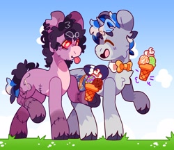 Size: 2740x2367 | Tagged: safe, artist:cocopudu, oc, oc only, oc:dusty quills, oc:mort, earth pony, pony, unicorn, cloven hooves, duo, food, high res, ice cream, ice cream cone