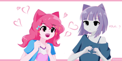 Size: 3000x1500 | Tagged: safe, artist:sholechbrony, maud pie, pinkie pie, human, equestria girls, g4, duo, duo female, eared humanization, excited, female, heart, heart hands, humanized, open mouth, open smile, siblings, signature, sisters, smiling, sparkles