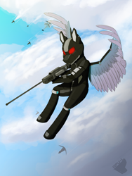 Size: 3000x4000 | Tagged: safe, artist:apuljack, oc, oc only, pegasus, pony, semi-anthro, arm hooves, armor, cloud, gun, science fiction, solo, weapon