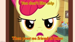 Size: 888x499 | Tagged: safe, edit, edited screencap, screencap, apple bloom, earth pony, pony, g4, apple bloom is not amused, imgflip, joke, meme, solo, unamused