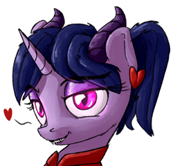 Size: 1009x968 | Tagged: safe, artist:uteuk, oc, oc only, pony, succubus, unicorn, fangs, female, glowing, glowing eyes, heart, horns, looking at you, mare, seductive look, solo