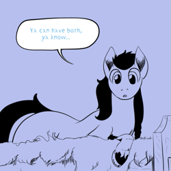 Size: 659x659 | Tagged: safe, artist:darkhestur, oc, oc:dark, earth pony, pony, bed, furs, horseshoes, looking at you, lying down, lying on bed, monochrome, on bed, speech bubble