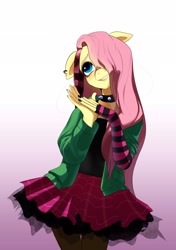 Size: 1445x2048 | Tagged: safe, artist:aztrial, fluttershy, pegasus, anthro, dtiys emoflat, g4, choker, clothes, draw this in your style, ear piercing, earring, evening gloves, female, fingerless elbow gloves, fingerless gloves, gloves, gradient background, grin, hair over one eye, hands together, jacket, jewelry, long gloves, mare, nail polish, piercing, plaid skirt, skirt, smiling, solo, spiked choker, striped gloves