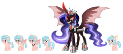 Size: 3146x1391 | Tagged: safe, artist:aleximusprime, cozy glow, oc, oc:the sorceress, alicorn, pony, fanfic:oh mother where art thou, flurry heart's story, g4, a better ending for cozy, alicorn amulet, alicornified, anklet, bat wings, bow, cozybetes, cozycorn, crown, crying, cute, floppy ears, freckles, hair bow, half note (cozy glow), happy ending, jewelry, nightmare cozy glow, one of these things is not like the others, race swap, red sclera, reformed villain, regalia, sad, slit pupils, wavy hair, wet, wet mane, wings