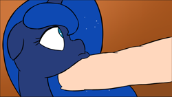 Size: 1082x611 | Tagged: safe, artist:doublewbrothers, princess luna, alicorn, human, pony, my tiny pony, g4, finger, looking down, tiny, tiny ponies