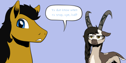 Size: 1280x640 | Tagged: safe, artist:darkhestur, oc, oc:dark, oc:thyra, earth pony, goat, goat pony, pony, looking at you, simple background, speech bubble