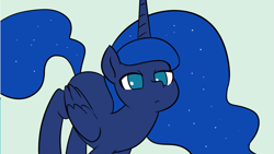 Size: 1991x1125 | Tagged: safe, artist:doublewbrothers, princess luna, alicorn, pony, g4, blue background, cyan background, looking at you, simple background