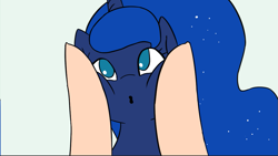 Size: 999x565 | Tagged: safe, artist:doublewbrothers, princess luna, alicorn, pony, g4, blue background, cheek squish, cyan background, finger, finger in cheek, looking at you, simple background, squishy cheeks