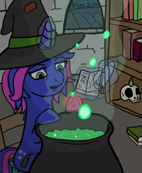 Size: 955x1166 | Tagged: safe, artist:zan logemlor, oc, oc only, oc:fine wine, pony, unicorn, book, bookshelf, cauldron, chair, female, glowing, glowing horn, hat, horn, magic, magic aura, mare, pentagram, potion, potion making, shelf, sitting, skull, solo, telekinesis, test tube, unicorn oc, window, witch hat