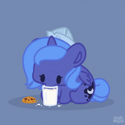 Size: 560x559 | Tagged: safe, artist:sugar morning, princess luna, alicorn, pony, g4, animated, cartographer's cap, cookie, cute, female, filly, foal, food, gif, glass, hat, lapping, loop, lunabetes, milk, mlem, paper hat, silly, simple background, sitting, solo, sugar morning is trying to murder us, tongue out, weapons-grade cute, woona, younger