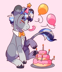 Size: 2500x2914 | Tagged: safe, artist:cocopudu, oc, oc only, oc:dusty quills, pony, unicorn, balloon, cake, cloven hooves, eyes closed, food, hat, high res, party hat, party horn, pink background, simple background