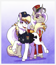 Size: 1022x1181 | Tagged: source needed, safe, artist:inuhoshi-to-darkpen, oc, oc only, oc:margaret garcia, oc:mónica, earth pony, pony, unicorn, clothes, duo, female, flirting, looking at each other, looking at someone, police, receptionist, seduction, smiling, tail, tail seduce, uniform