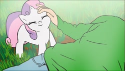 Size: 1278x721 | Tagged: safe, artist:doublewbrothers, sweetie belle, human, pony, unicorn, g4, begging, behaving like a lamb, clothes, cute, diasweetes, eyes closed, female, filly, foal, grass, horn, human on pony petting, looking at you, lying down, lying on the ground, male, mare, missing cutie mark, petting, smiling, sweetie belle is not amused, tail, unamused