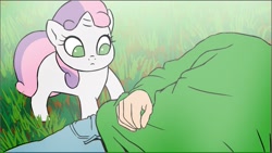 Size: 1279x723 | Tagged: safe, artist:doublewbrothers, sweetie belle, human, pony, unicorn, g4, begging, behaving like a lamb, clothes, cute, diasweetes, eyes closed, female, filly, foal, grass, horn, human on pony petting, looking at you, lying down, lying on the ground, male, mare, missing cutie mark, petting, smiling, sweetie belle is not amused, tail, unamused