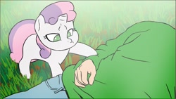 Size: 1279x721 | Tagged: safe, artist:doublewbrothers, sweetie belle, human, pony, unicorn, g4, begging, behaving like a lamb, clothes, cute, diasweetes, eyes closed, female, filly, foal, grass, horn, human on pony petting, looking at you, lying down, lying on the ground, male, mare, missing cutie mark, pet request, petting, smiling, sweetie belle is not amused, tail, unamused