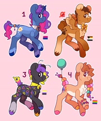 Size: 3365x4031 | Tagged: safe, artist:cocopudu, oc, oc only, earth pony, pegasus, pony, unicorn, adoptable, balloon, cloven hooves, pink background, simple background